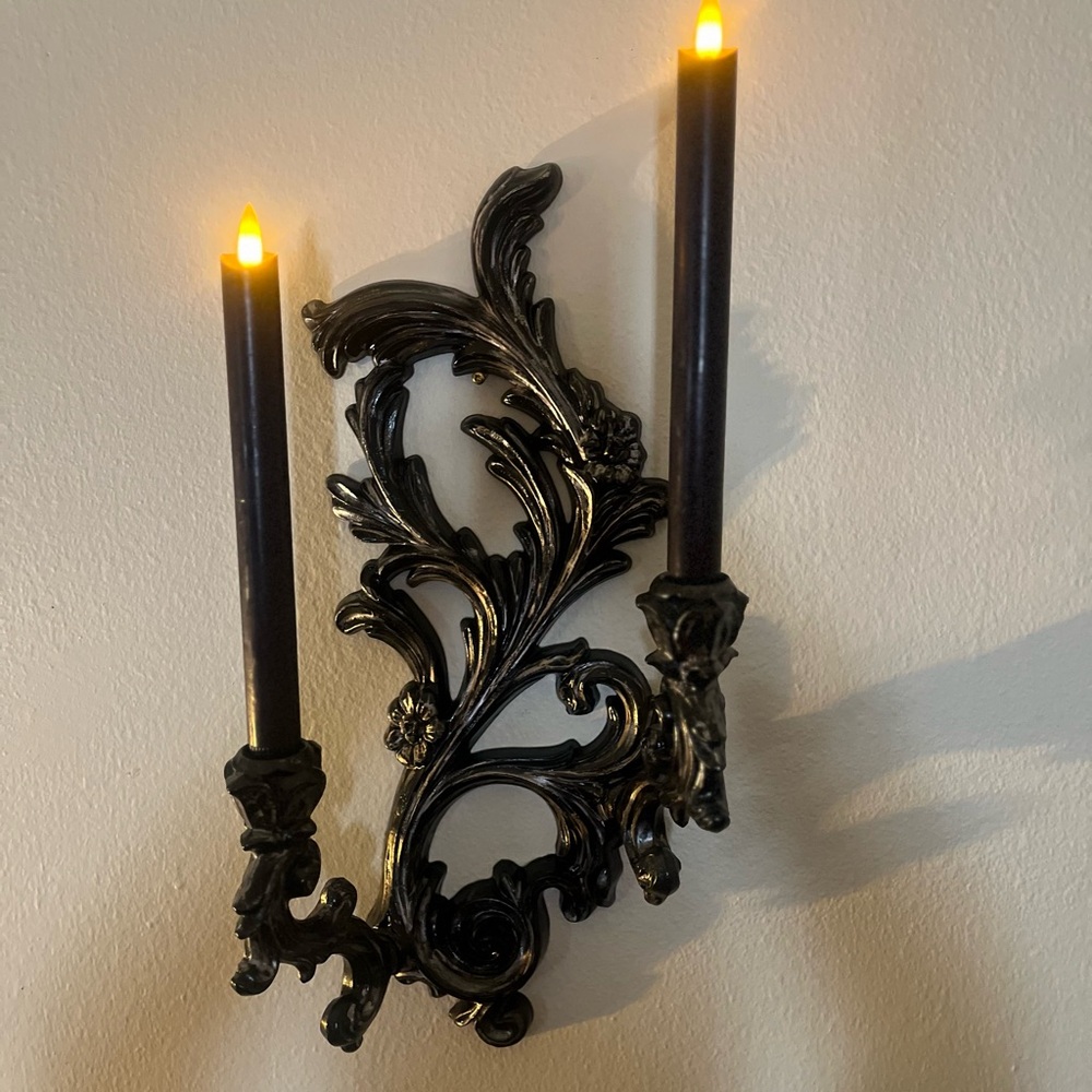 Upcycled gothic vintage large double candle wall sconces.